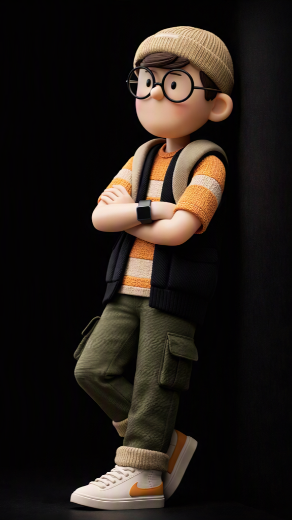 Contemplative character leaning against the dark wall